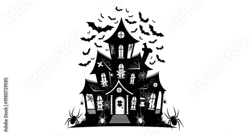 Spooky Haunted House Silhouette with Bats and Spiders
