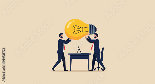 Two business professionals discussing ideas at a meeting with a giant lightbulb