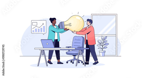 Two business colleagues discussing ideas in a modern office setting