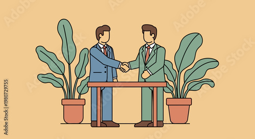Two businessmen shaking hands over a table in a modern office environment
