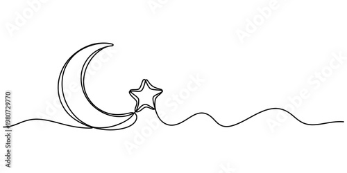 A continuous line drawing of a crescent moon and a star joined together on a horizontal plane Vector, illustration