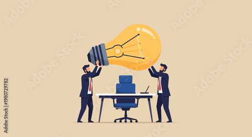 Two businessmen hold up a large lightbulb over a office desk with chair
