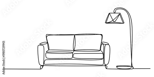 Minimalist continuous line drawing of a comfortable two seater sofa and a tall standing floor lamp Vector, illustration
