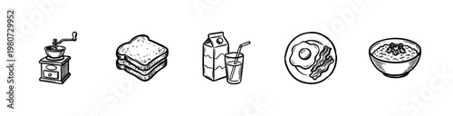 Morning Breakfast Food and Coffee Beverage Elements with Inky Brush Strokes and Hand-Drawn Painterly Aesthetic