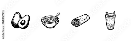 Mexican Food and Traditional Cuisine Elements with Hand-Drawn Ink Brush Strokes and Organic Textures