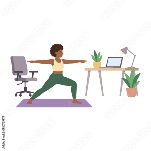 Woman practices yoga in home office with laptop and plants nearby