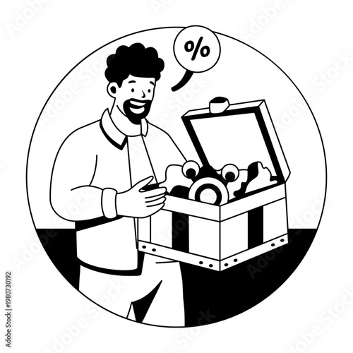 A glyph illustration of a character get customer discount 
