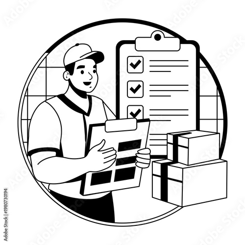 A glyph illustration of a character checking delivery list 
