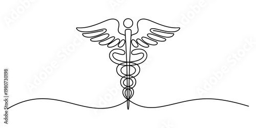 A minimalist black and white line art illustration of the traditional caduceus medical symbol. Vector, illustration