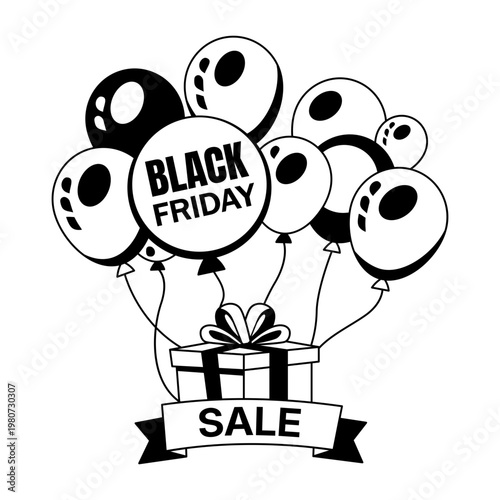 A glyph illustration of friday gift box with balloons 
