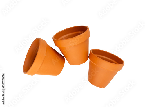 Foto Empty terracotta flower pots, clay garden vase, brown ceramic plant container, g