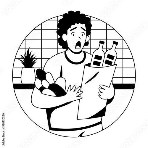 A glyph illustration of shocked buyer holding grocery bag 