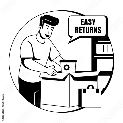 A glyph illustration of a character happy on easy return policy 
