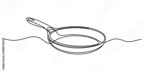 A single continuous line drawing of a kitchen frying pan on a simple clean white background design Vector, illustration