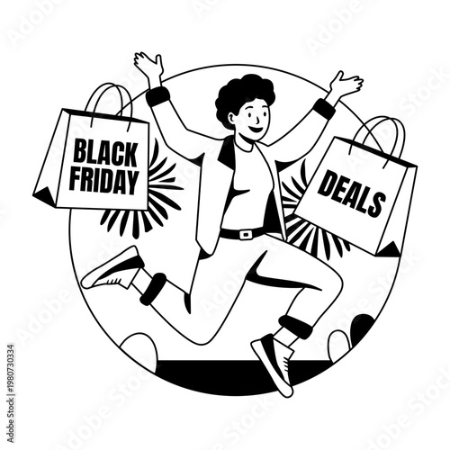 A glyph illustration of a customer happy on shopping deals 
