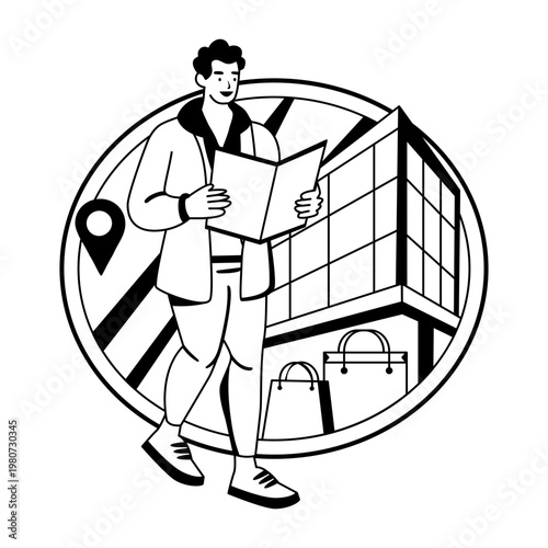 A glyph illustration of a character finding shopping location 
