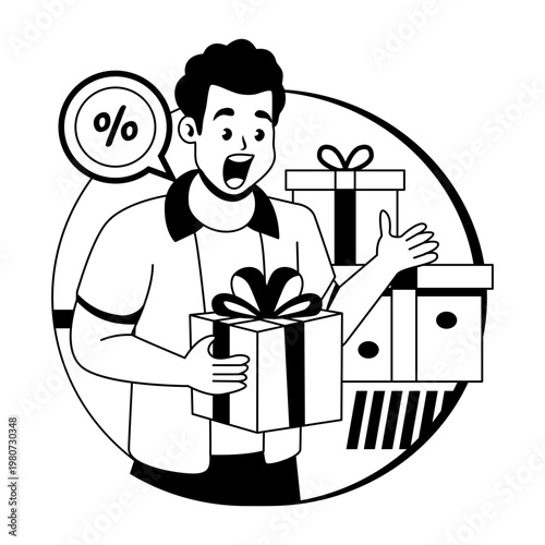A glyph illustration of a customer shocking at shopping gift 
