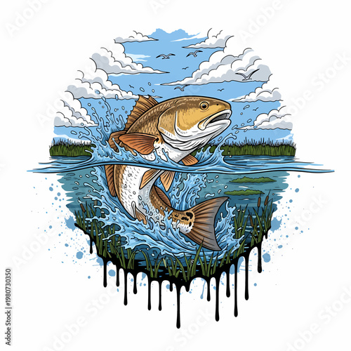 Redfish Red drum fish jumping out of water in a marsh landscape illustration