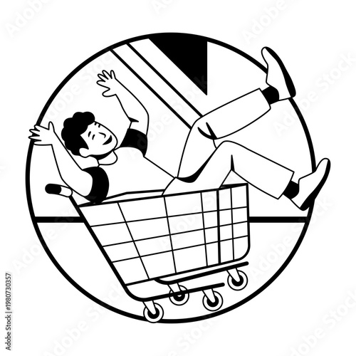 A glyph illustration of a character lay down in shopping cart 
