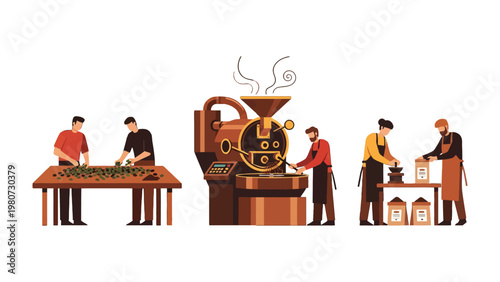 Crafting Coffee: Illustrative representation depicts the artisanal process of coffee production, showcasing the dedication of workers from harvesting to packaging. 