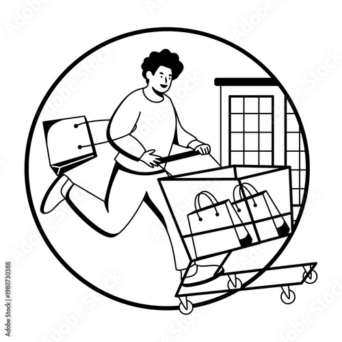 A glyph illustration of happy consumer rolling a shopping trolley 

