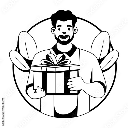 A glyph illustration of happy character get customer gift 