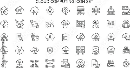 Cloud Computing DevOps Container Infrastructure Line Icon Set Featuring Docker Kubernetes Security Deployment Monitoring Thin Outline Vector Collection