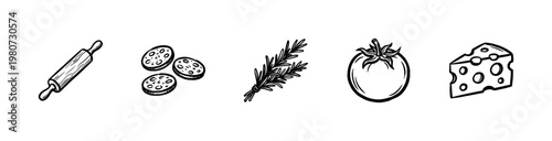 Pizza Ingredients and Italian Cooking Elements with Hand-Drawn Inky Brushwork and Organic Textures for Culinary Design.