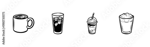 Coffee Beverages and Cafe Drink Menu Elements with Hand-Drawn Inky Brush Strokes and Painterly Ink Wash Aesthetic