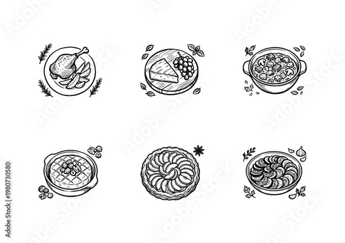 French Cuisine and Traditional Gastronomy Dishes with Fluid Ink Brush Strokes and Hand-Drawn Painterly Style