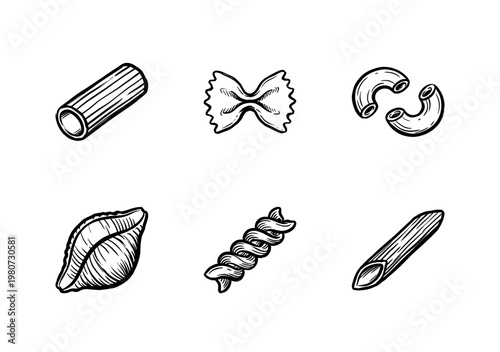 Dry Italian Pasta Varieties and Durum Wheat Shapes in Hand-Drawn Painterly Style with Fluid Ink Brush Strokes