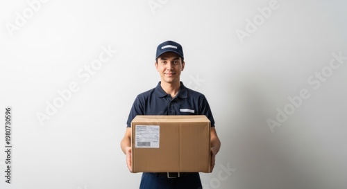 A smiling delivery man in a blue uniform holding a cardboard box with a tracking label, standing against a plain white background.