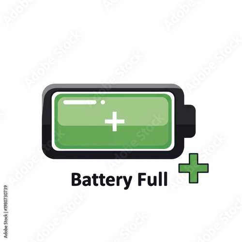 Battery icon indicating full charge with green color and plus symbol.