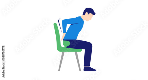 Man Sitting on Green Chair with Hunched Back and Poor Posture