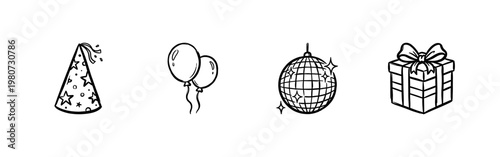 Party Celebration and Event Entertainment Elements with Hand-Drawn Inky Outlines and Textured Brushstroke Style