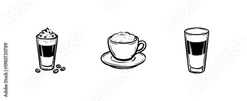 Gourmet Coffee Beverages and Espresso Drinks with Hand-Drawn Inky Brushwork and Organic Calligraphic Details.