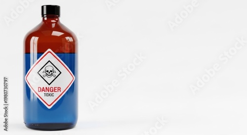 A transparent glass bottle with a blue liquid inside, labeled 'Toxic', on a white background with a warning label.