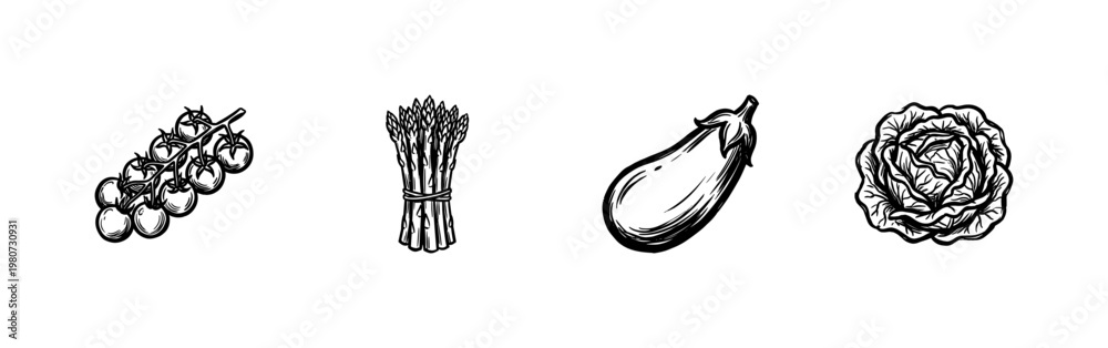 Obraz premium Vegetables and Healthy Garden Produce with Inky Hand-Drawn Brush Strokes in Fluid Painterly Style