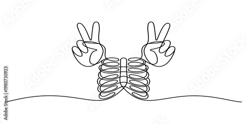 A single continuous line drawing of a rib cage with two hands making a peace sign gesture above Vector, illustration