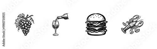 Gourmet Food and Restaurant Culinary Elements with Hand-Drawn Inky Brushwork and Detailed Painterly Ink Textures