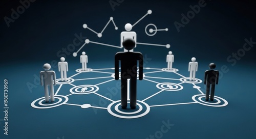 A network of interconnected human figures, each with a unique icon representing a different activity or task, set against a dark blue background with a faint gradient.