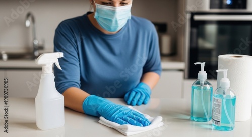 A woman wearing a mask and gloves, cleaning a kitchen counter with a spray bottle and a cloth, with various cleaning supplies and a roll of paper towels nearby.