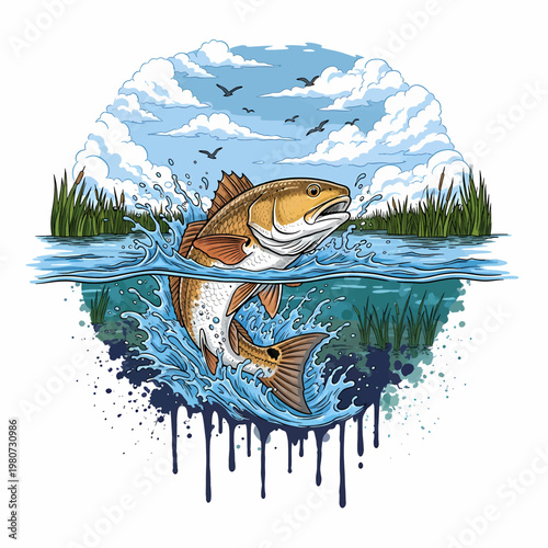Redfish Red drum fish jumping out of water in a marsh landscape illustration
