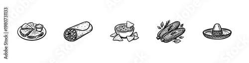 Traditional Mexican Food and Culinary Elements with Hand-Drawn Inky Brush Strokes and Artistic Woodcut Aesthetic