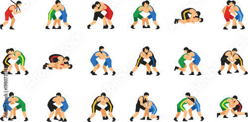Wrestling Action Illustration Set with Athletes Performing Grappling Techniques, Combat Moves, Match Positions, and Dynamic Sports Characters in Modern Flat Design Style.