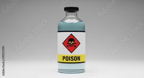 A clear glass bottle with a blue liquid and a white label with a black and red skull and crossbones symbol, labeled 'Poison', on a grey background with a white border.