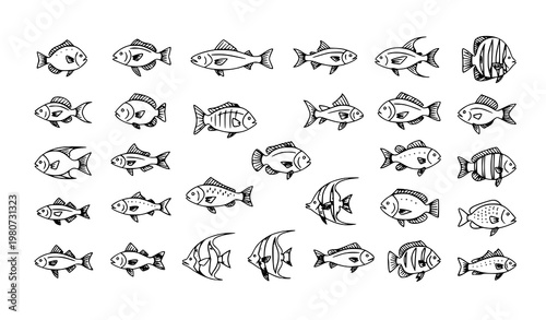 Fish icon set cartoon outline and silhouette styles marine vector illustration isolated on white background