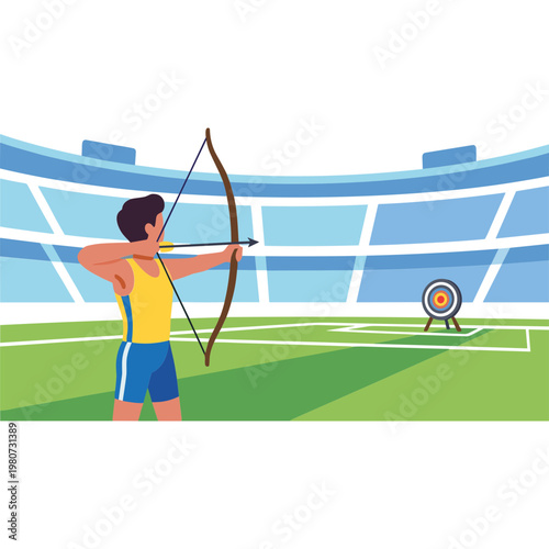 Man in yellow shirt and blue shorts aims bow at target on green field in stadium