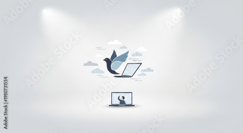 A bird with wings spread, perched on a laptop computer, surrounded by clouds and a blue sky in a spacious room with a white wall and a light source from the ceiling.