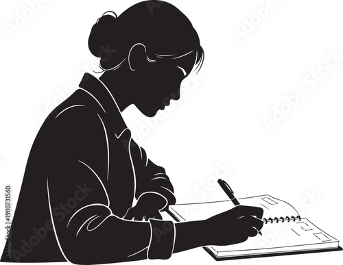 Black silhouette woman writing in notebook